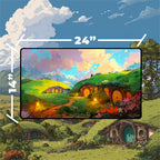 A vibrant Shire playmat depicting hobbit houses and lush landscapes, perfect for Lord of the Rings fans.