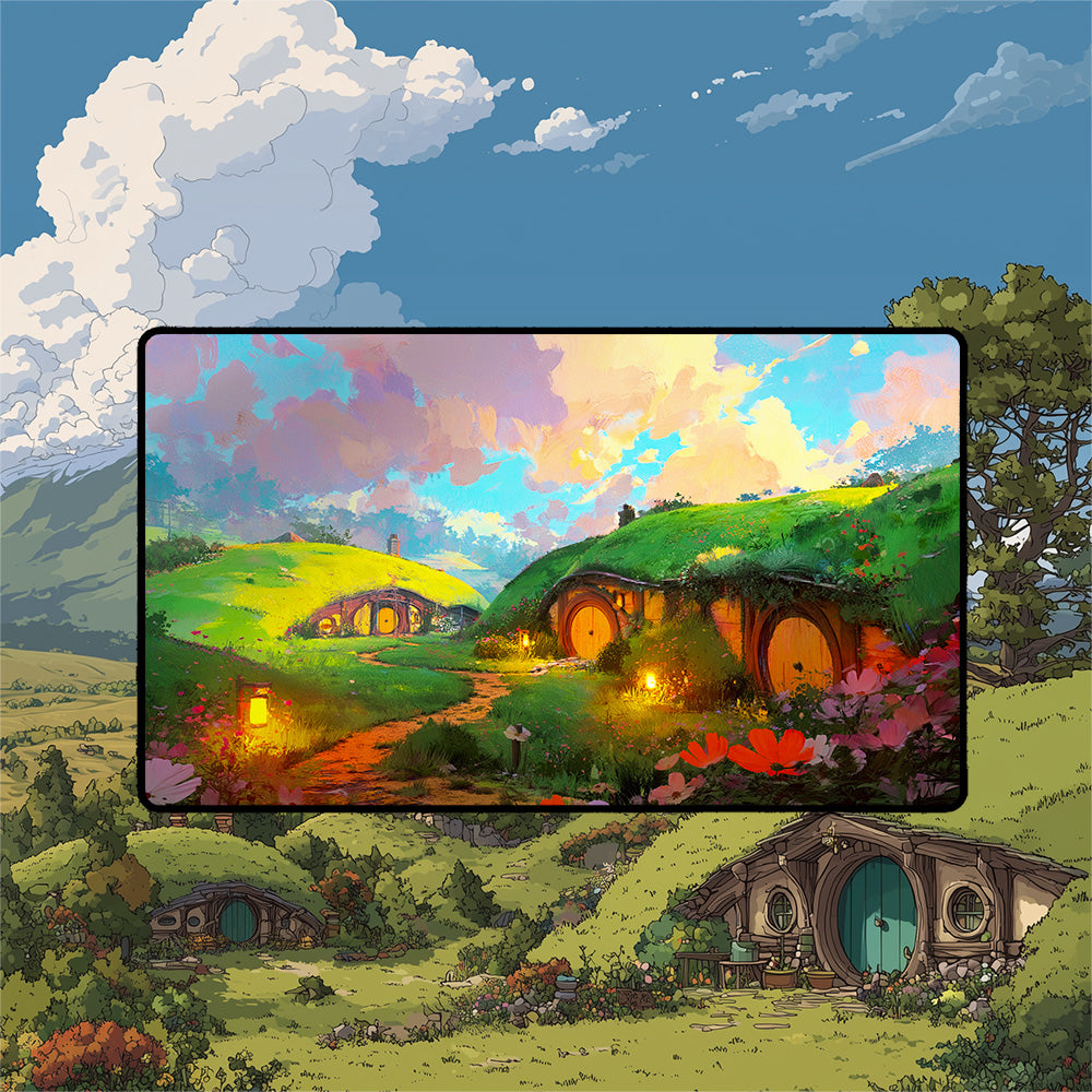 Shire playmat featuring whimsical hobbit houses in a vibrant landscape with colorful flowers and rolling hills.