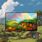 Shire playmat featuring whimsical hobbit houses in a vibrant landscape with colorful flowers and rolling hills.