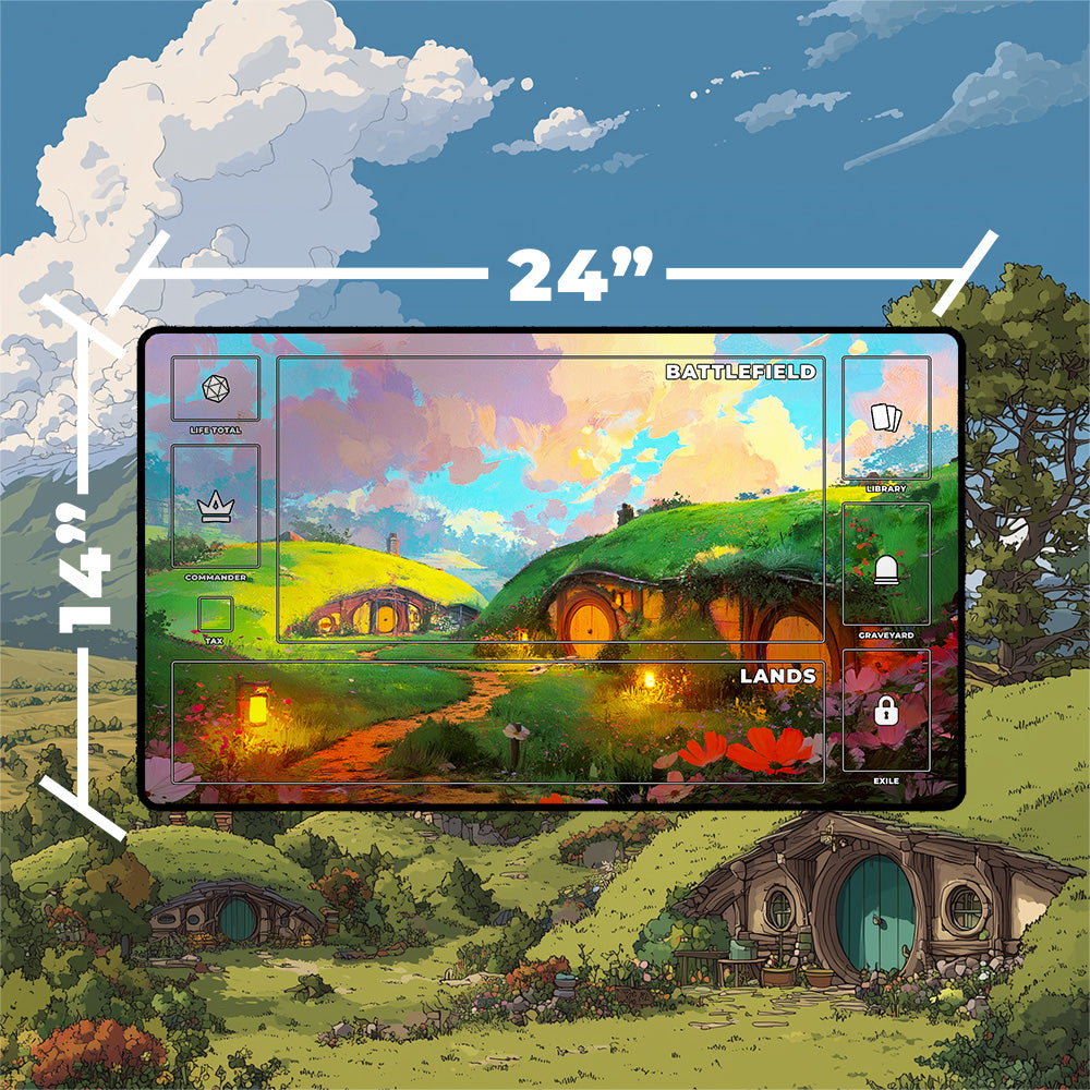 Shire playmat featuring a vibrant fantasy landscape with hobbit houses and rolling green hills, dimensions 24x14 inches.