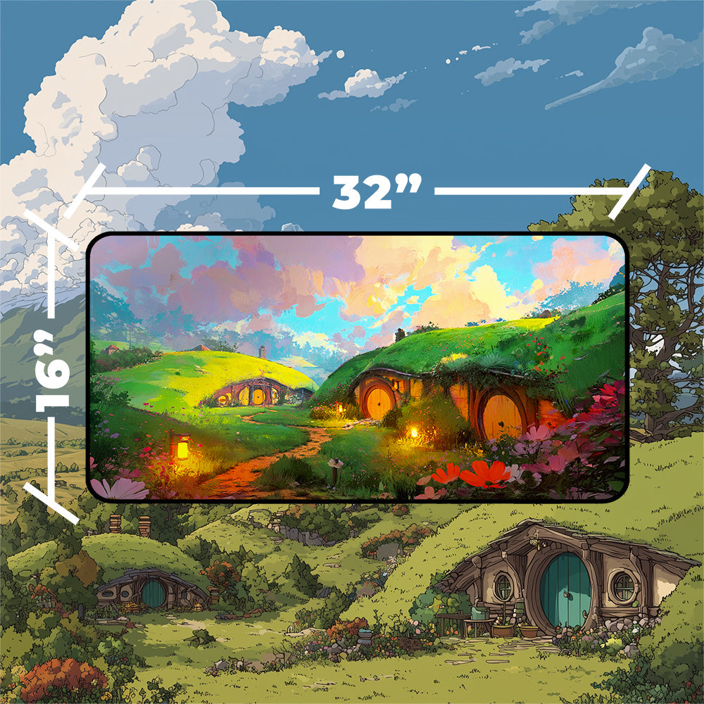 Shire playmat featuring hobbit holes and rolling green landscapes in a vibrant fantasy art style.