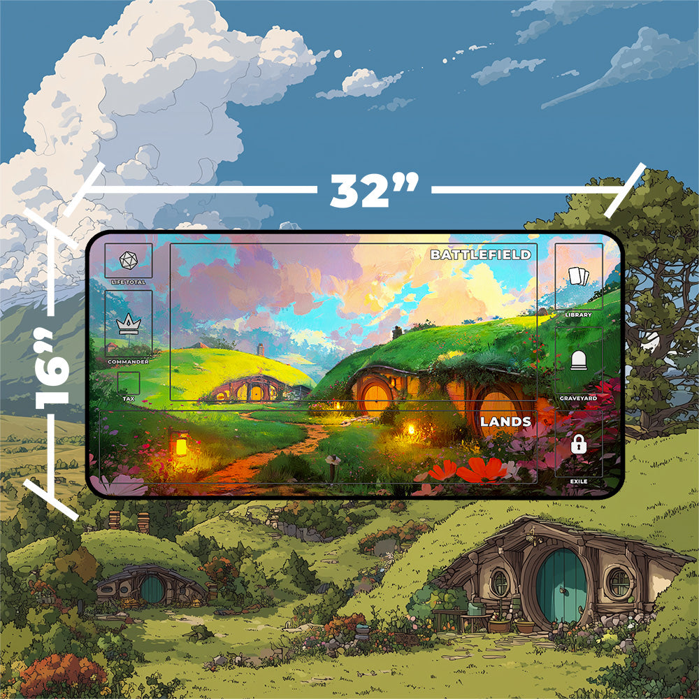 Shire playmat featuring hobbit house landscapes in a colorful fantasy style, designed for tabletop gaming.