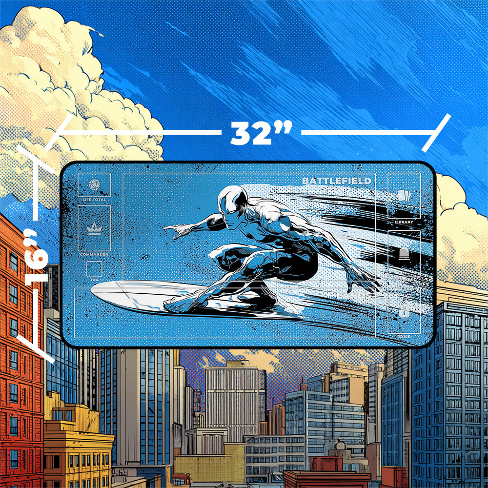 Cosmic Pop Art Surfer Playmat | Retro Halftone TCG Mat