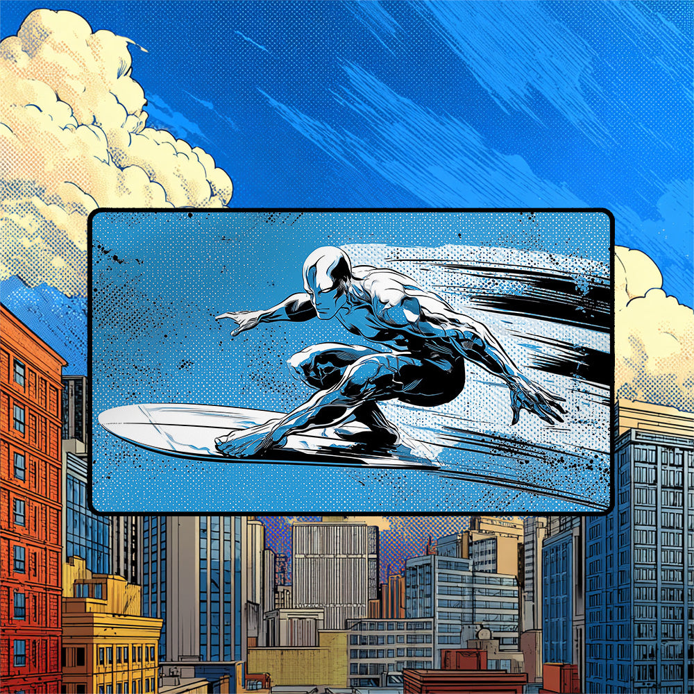 Cosmic Pop Art Surfer Playmat | Retro Halftone TCG Mat