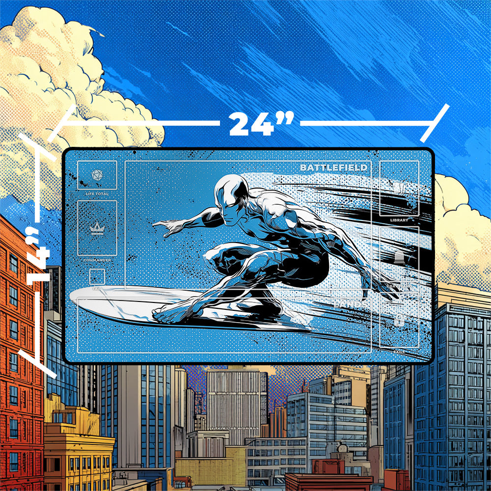 Cosmic Pop Art Surfer Playmat | Retro Halftone TCG Mat