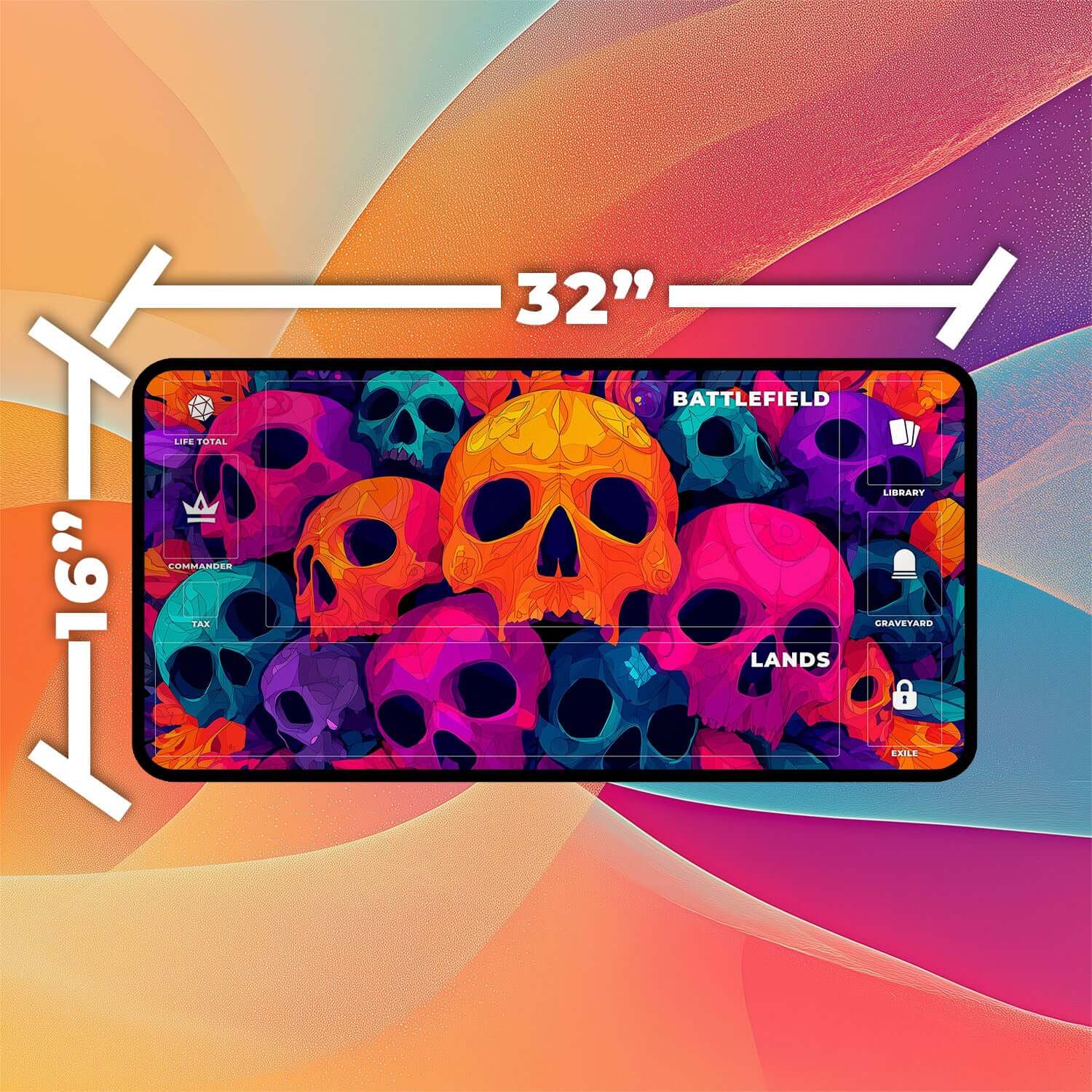 Vibrant Skull Playmat | Magic the Gathering Playmat | Vibrant MTG Playmat with Zones Option | 24x14 | 22x12 | 32x16 Sizes