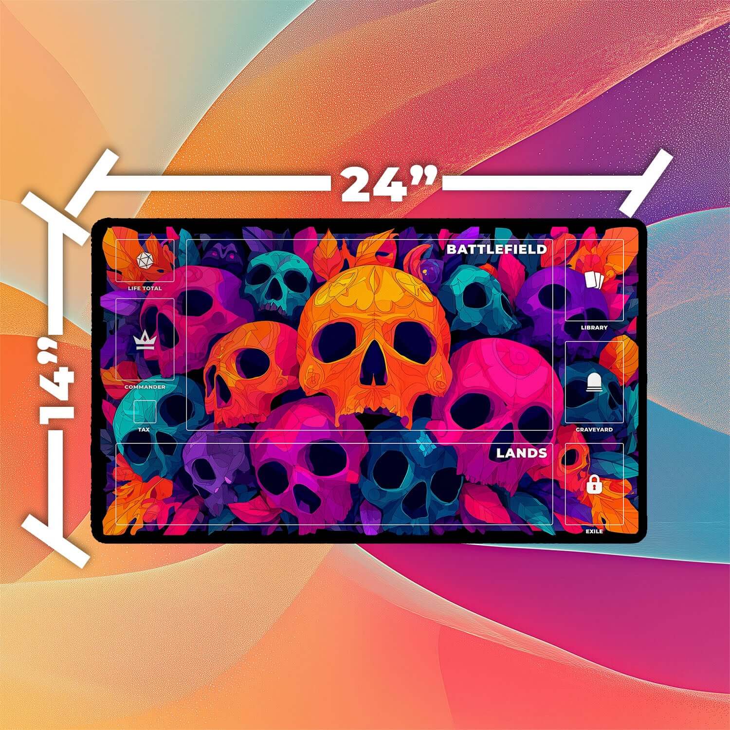 Vibrant Skull Playmat | Magic the Gathering Playmat | Vibrant MTG Playmat with Zones Option | 24x14 | 22x12 | 32x16 Sizes
