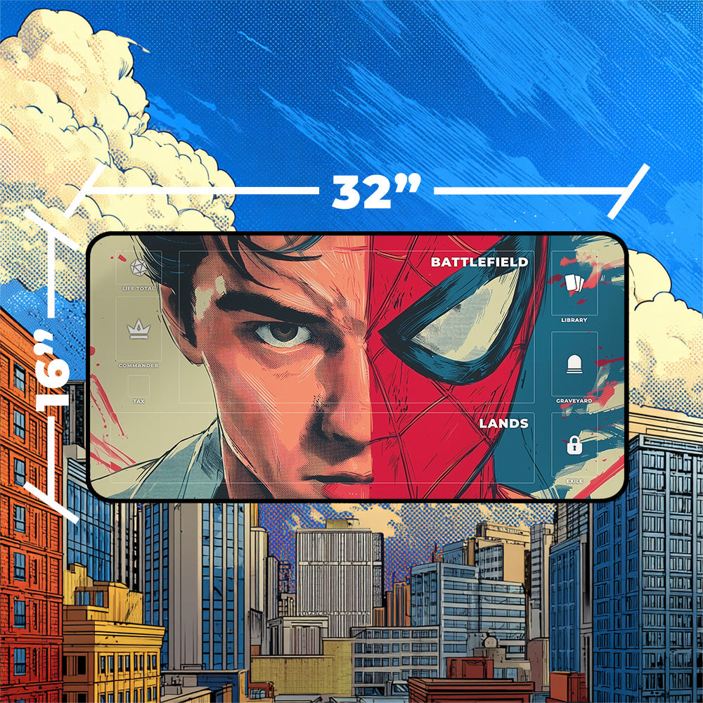 Peter Parker Spider-Man Playmat | Magic the Gathering Playmat | Half Mask Hero with Zones Option | 24x14 | 32x16
