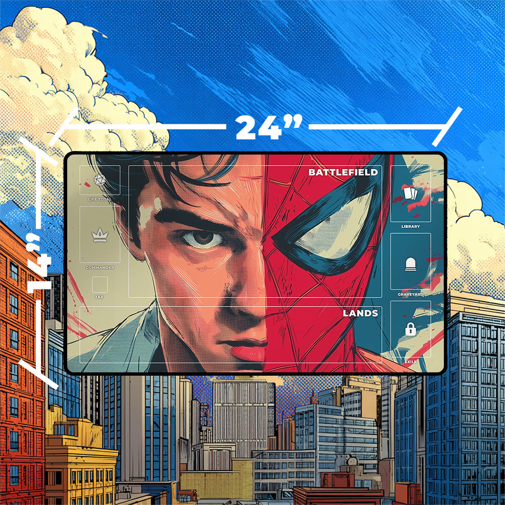 Peter Parker Spider-Man Playmat | Magic the Gathering Playmat | Half Mask Hero with Zones Option | 24x14 | 32x16