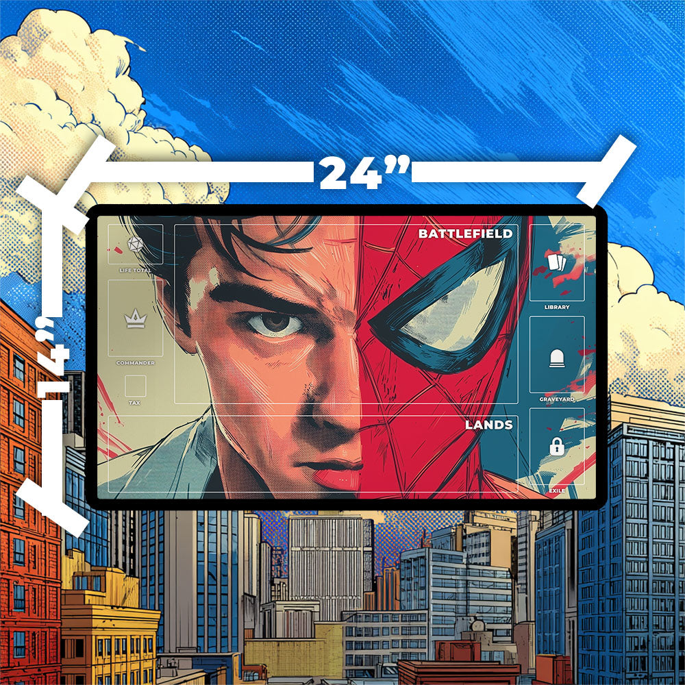 Peter Parker Spider-Man Playmat | Magic the Gathering Playmat | Half Mask Hero with Zones Option | 24x14