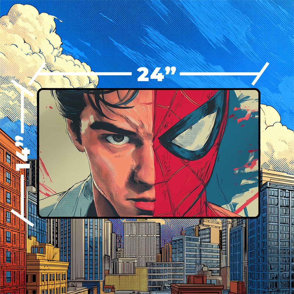 Peter Parker Spider-Man Playmat | Magic the Gathering Playmat | Half Mask Hero with Zones Option | 24x14 | 32x16