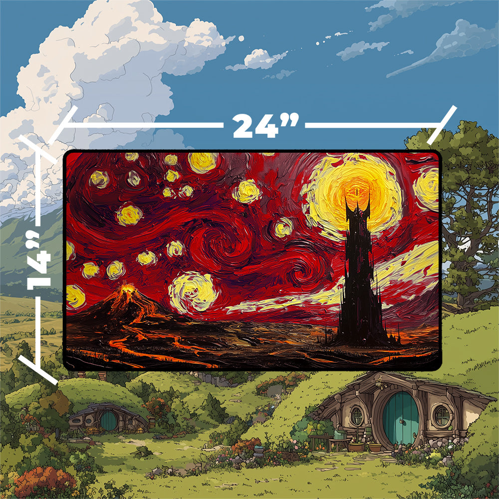Mordor playmat featuring a starry night design with a towering fortress, volcanic landscape, and vibrant colors.