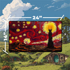 Mordor playmat featuring a starry night design with a towering fortress, volcanic landscape, and vibrant colors.