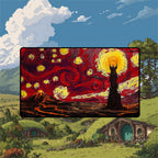 Mordor playmat featuring a starry night art style over the fortress of Barad-dur and a lush fantasy landscape.