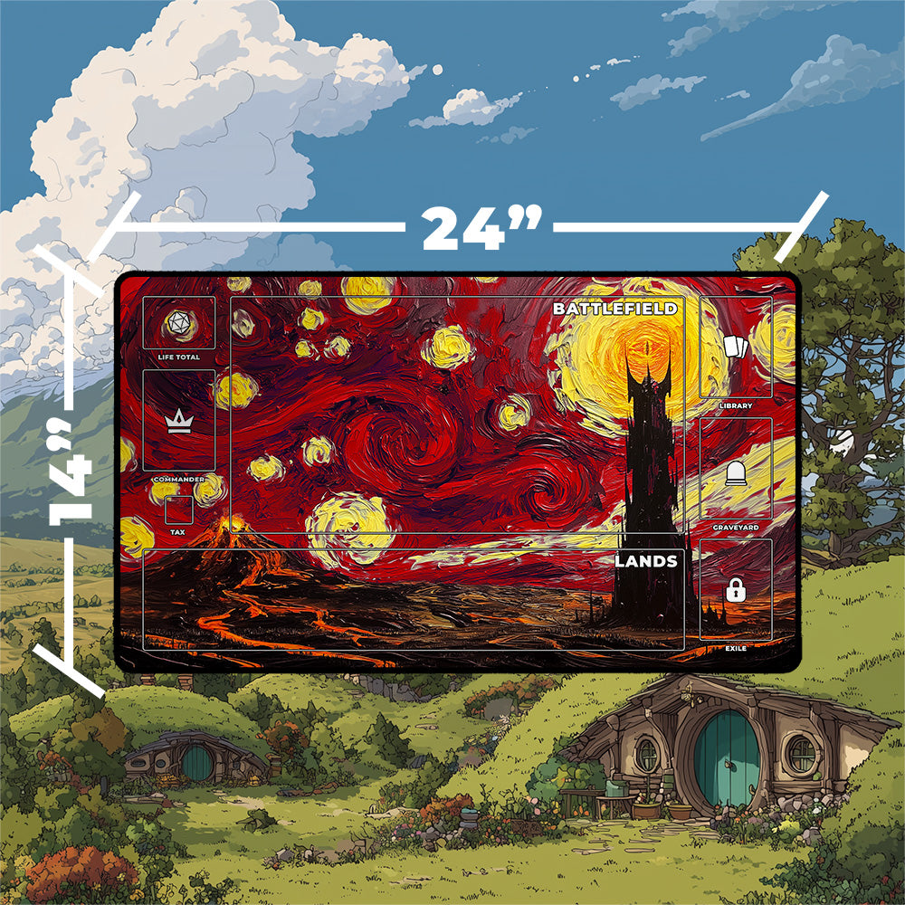 Mordor playmat featuring a starry night design with a cosmic background and iconic structures from the Lord of the Rings.