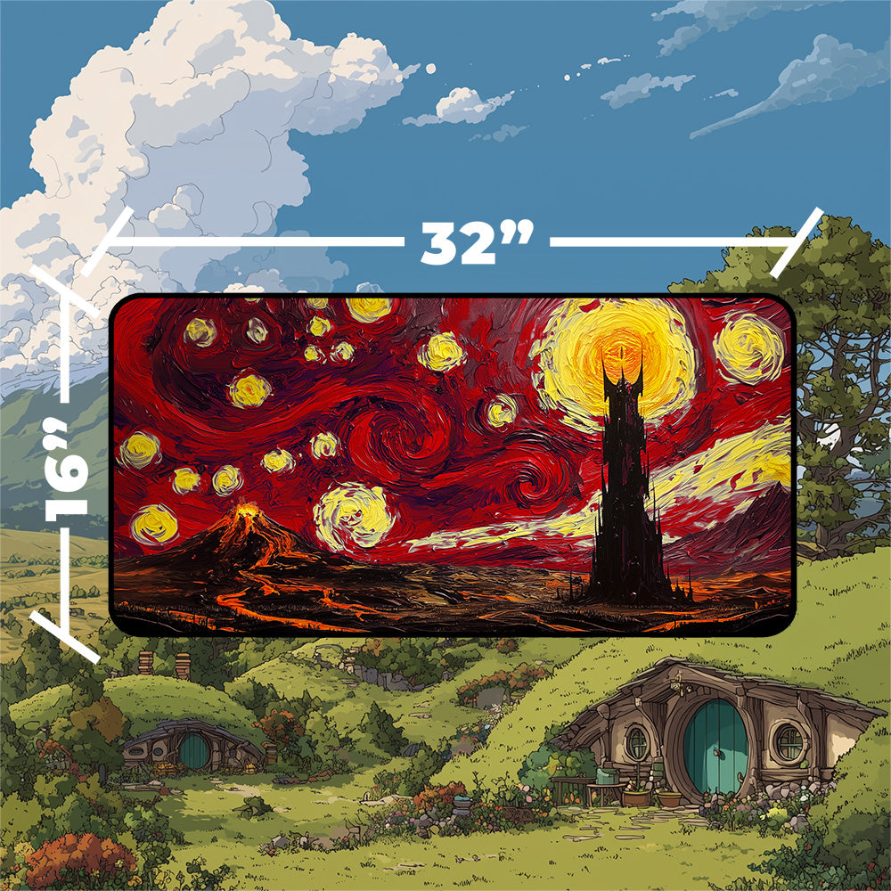 Mordor playmat designed with starry night art style featuring Barad-dur and volcanic landscapes, dimensions 32 x 16 inches.