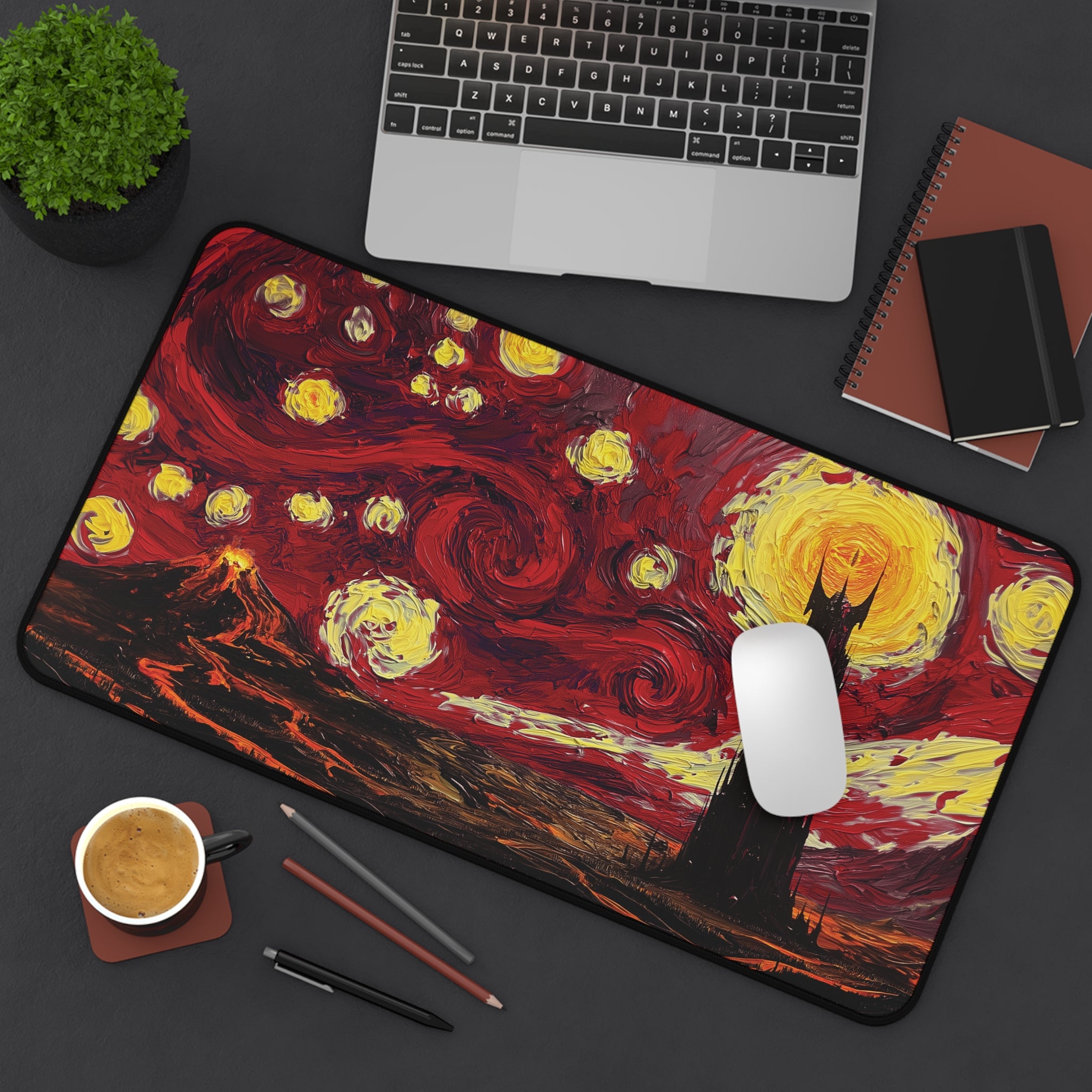 Mordor playmat featuring a starry night art style with dark skies and fiery peaks.