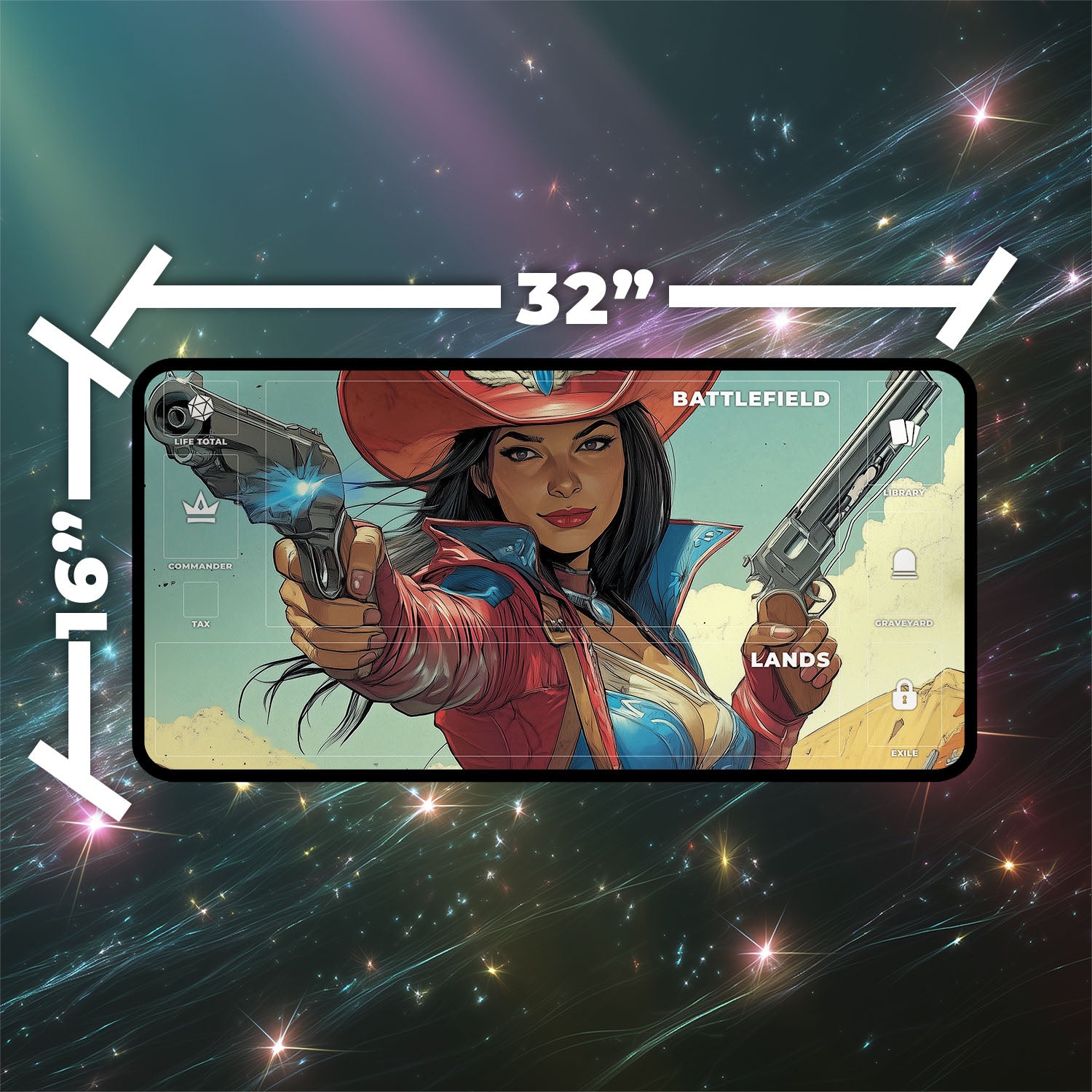 Stella Lee, Wild Card Playmat | Magic the Gathering Playmat | Iconic Rogue Gunslinger Playmat with Zones Option | 24x14 | 32x16 Sizes