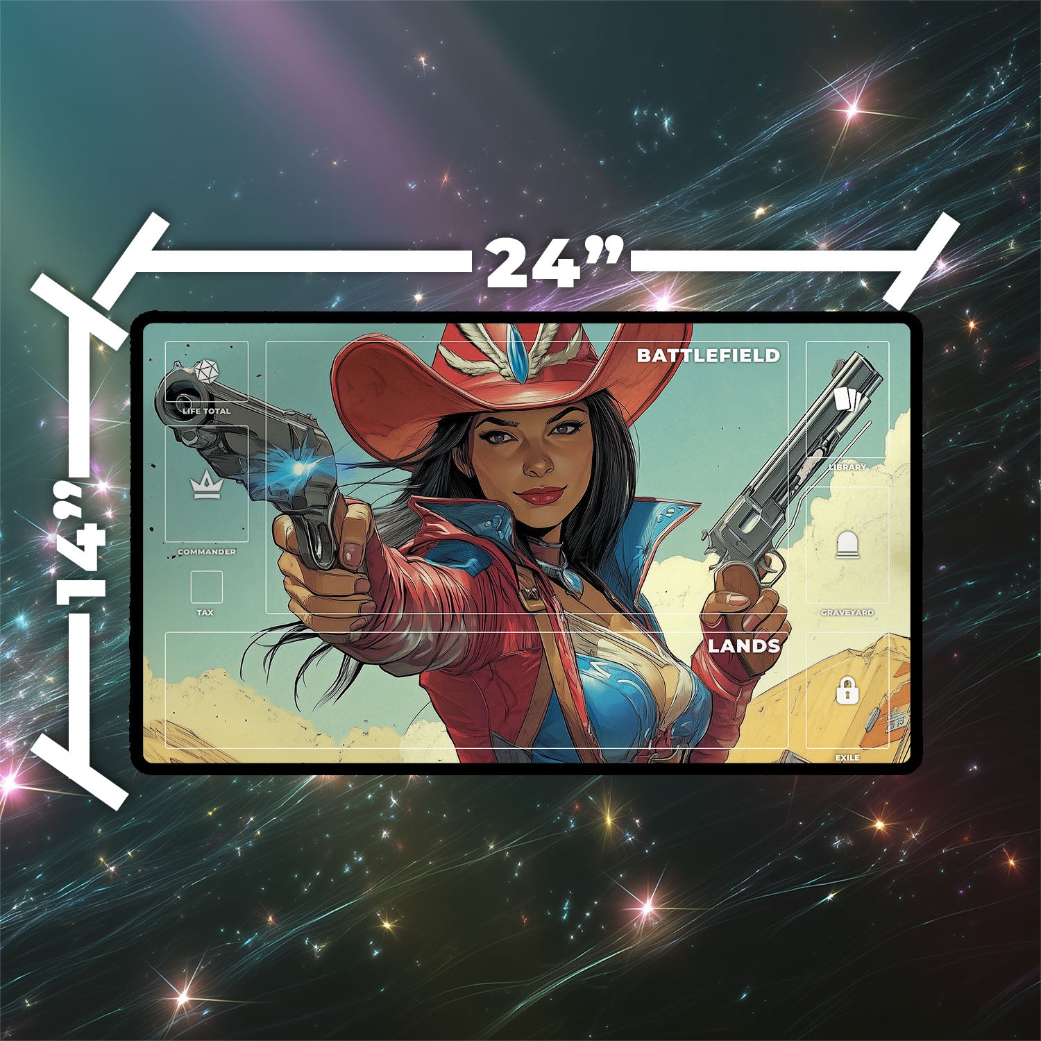 Stella Lee, Wild Card Playmat | Magic the Gathering Playmat | Iconic Rogue Gunslinger Playmat with Zones Option | 24x14 | 32x16 Sizes