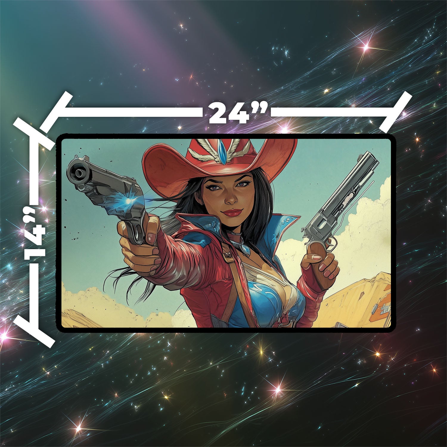 Stella Lee, Wild Card Playmat | Magic the Gathering Playmat | Iconic Rogue Gunslinger Playmat with Zones Option | 24x14 | 32x16 Sizes