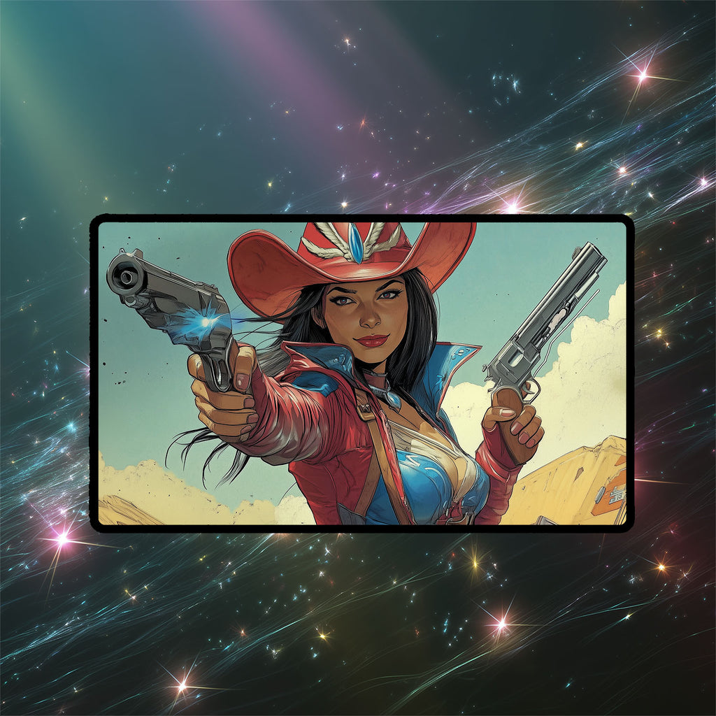 Stella Lee, Wild Card Playmat | Magic the Gathering Playmat | Iconic Rogue Gunslinger Playmat with Zones Option | 24x14 | 32x16 Sizes