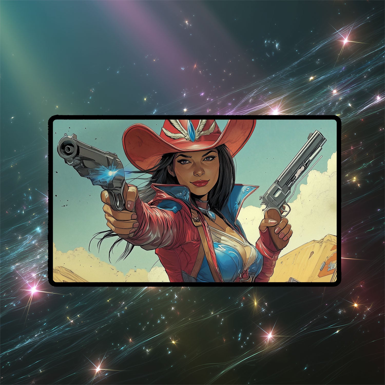 Stella Lee, Wild Card Playmat | Magic the Gathering Playmat | Iconic Rogue Gunslinger Playmat with Zones Option | 24x14 | 32x16 Sizes