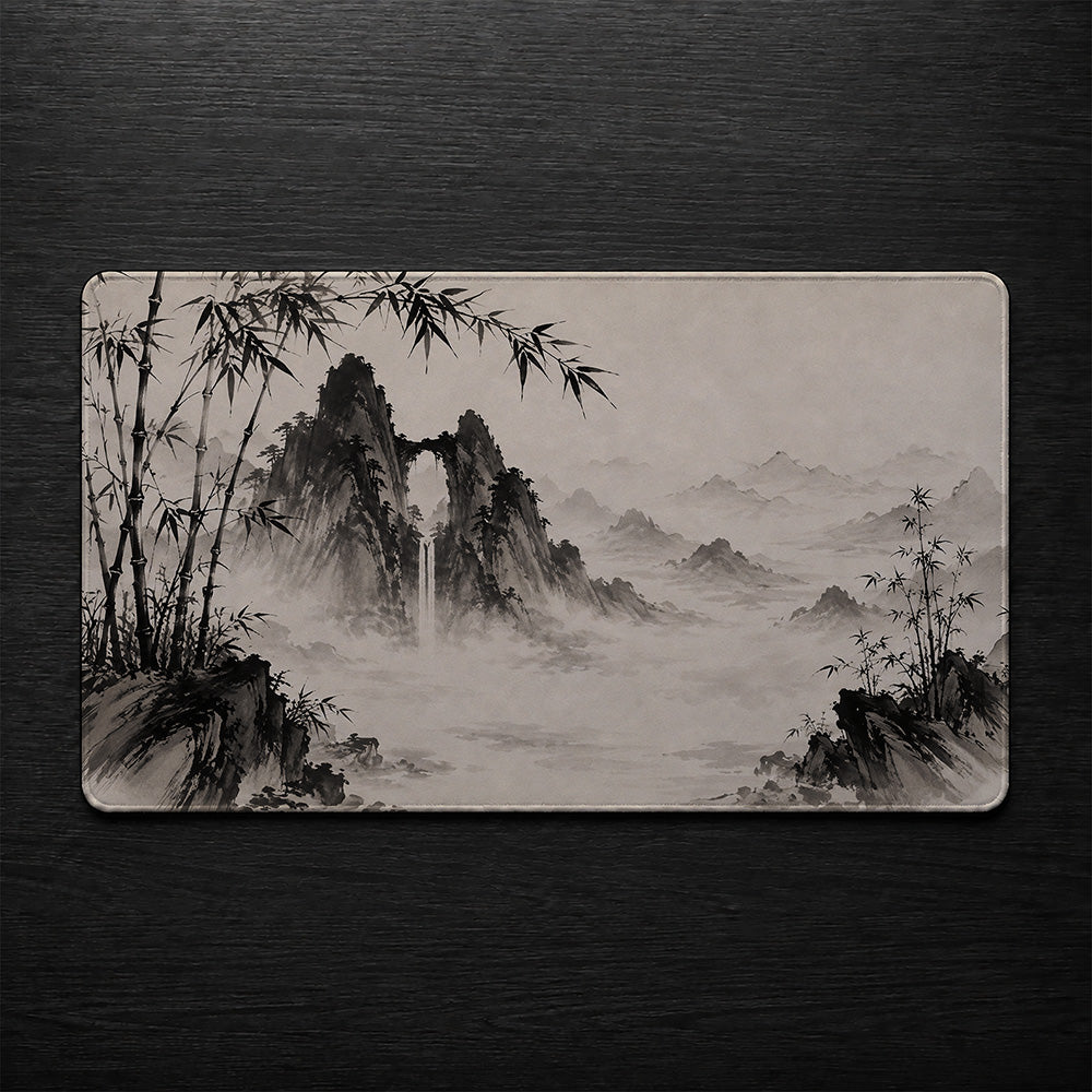 Sumi-e Ink Wash Mountain Desk Mat 24x14 36x18 48x24