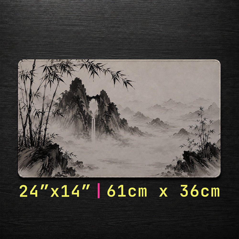 Sumi-e Ink Wash Mountain Desk Mat 24x14 36x18 48x24