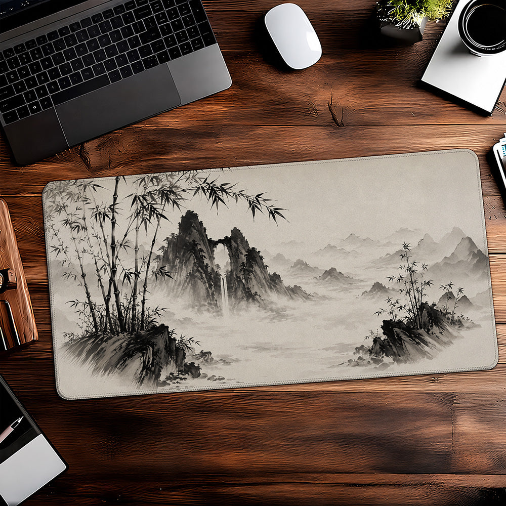 Sumi-e Ink Wash Mountain Desk Mat 24x14 36x18 48x24
