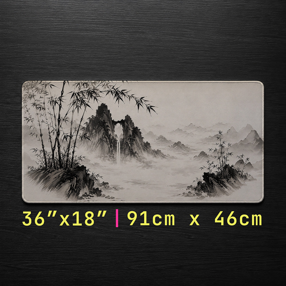 Sumi-e Ink Wash Mountain Desk Mat 24x14 36x18 48x24