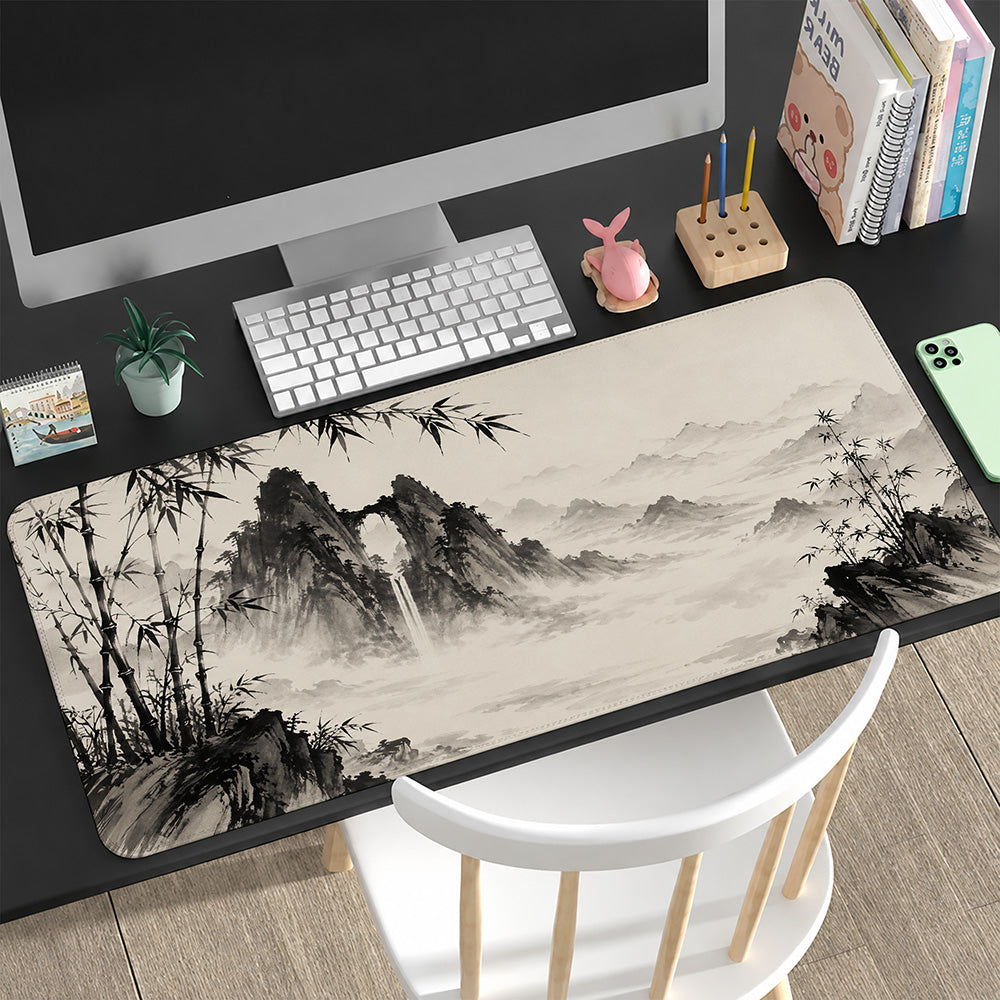 Sumi-e Ink Wash Mountain Desk Mat 24x14 36x18 48x24