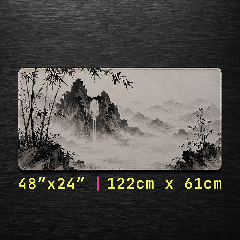 Sumi-e Ink Wash Mountain Desk Mat 24x14 36x18 48x24