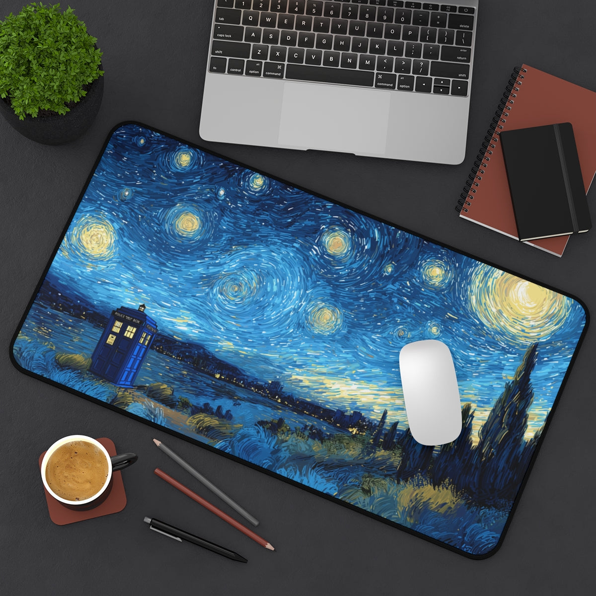 TARDIS Starry Night Playmat | TCG Playmat | Doctor Who Playmat Zones Option | 24x14 | 32x16