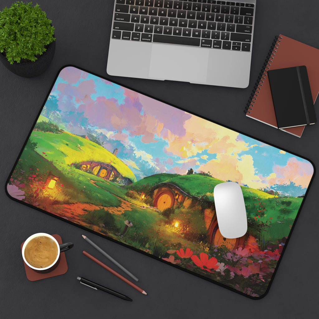 Shire playmat featuring hobbit houses, vibrant flowers, and a colorful landscape design, perfect for tabletop gaming.