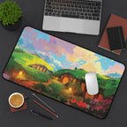 Shire playmat featuring hobbit houses, vibrant flowers, and a colorful landscape design, perfect for tabletop gaming.