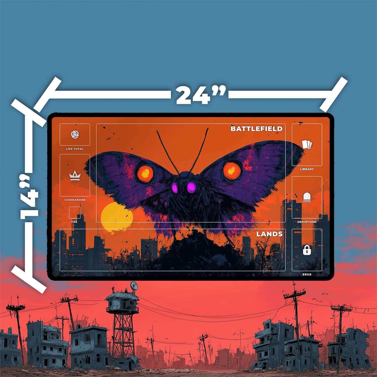 The Wise Mothman Playmat | Magic the Gathering Playmat | Fallout Playmat with Zones Option | 24x14 | 22x12 | 32x16 Sizes