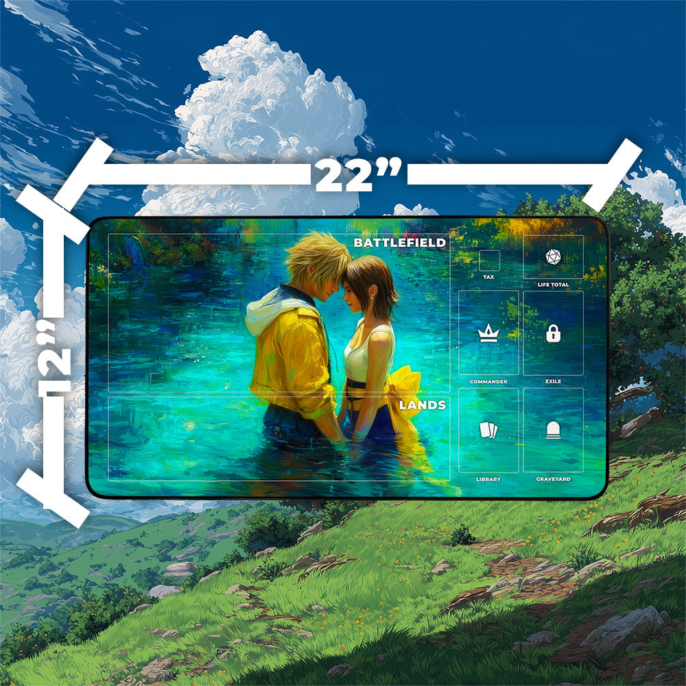 Tidus and Yuna Playmat | Final Fantasy Playmat | Lake Macalania Playmat with Zones Option | 24x14 | 22x12 | 32x16 Sizes