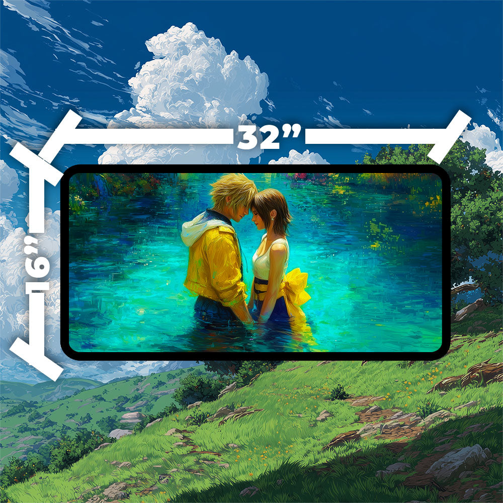 Tidus and Yuna Playmat | Final Fantasy Playmat | Lake Macalania Playmat with Zones Option | 24x14 | 22x12 | 32x16 Sizes