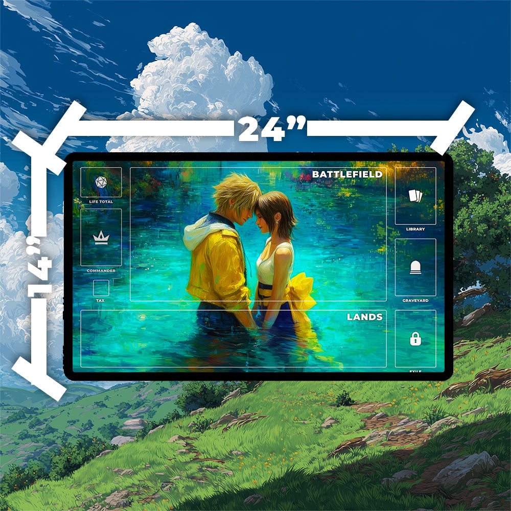 Tidus and Yuna Playmat | Final Fantasy Playmat | Lake Macalania Playmat with Zones Option | 24x14 | 22x12 | 32x16 Sizes