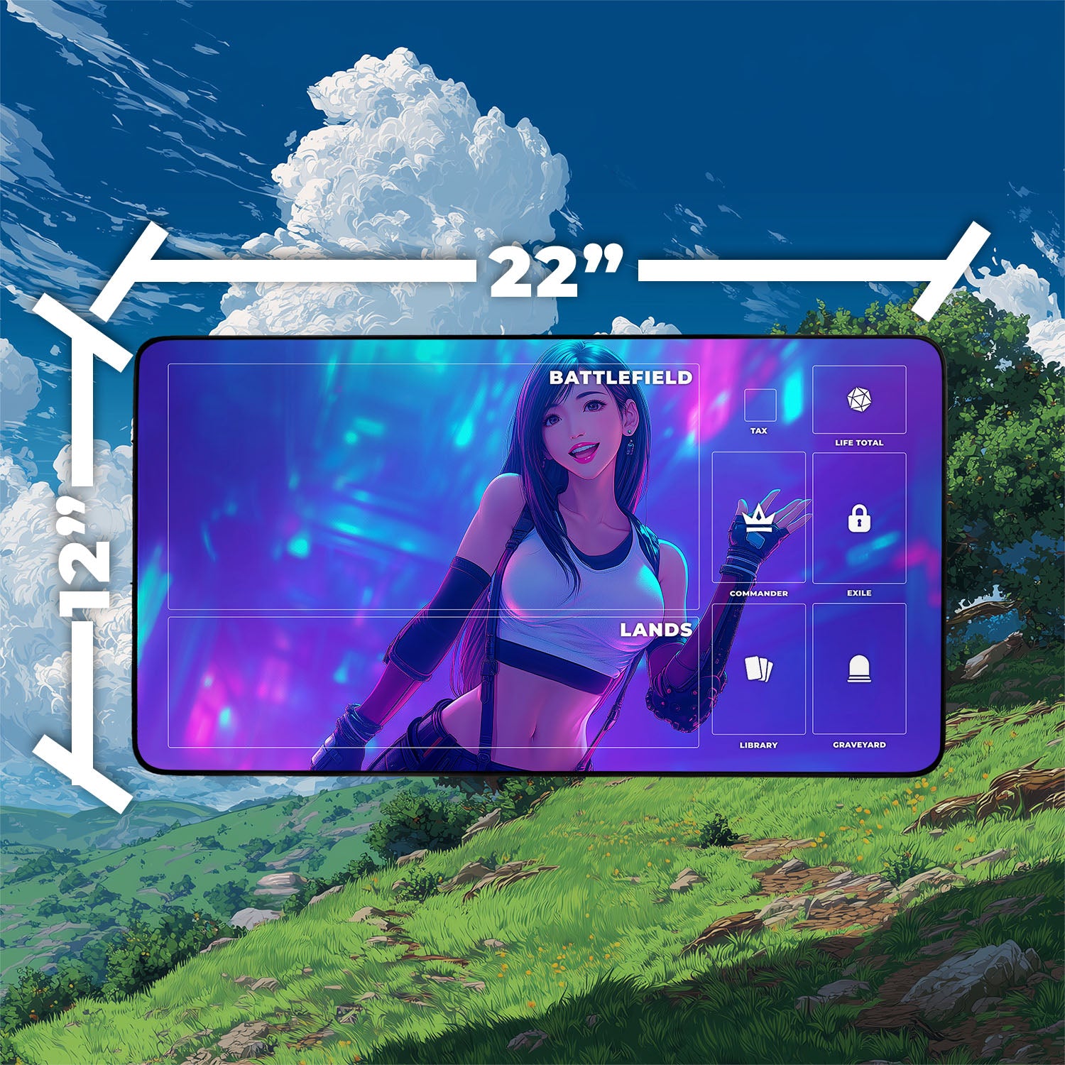 Tifa Lockhart Playmat | Final Fantasy Playmat | Iconic Fantasy Heroine Playmat with Zones Option | 24x14 | 22x12 | 32x16 Sizes