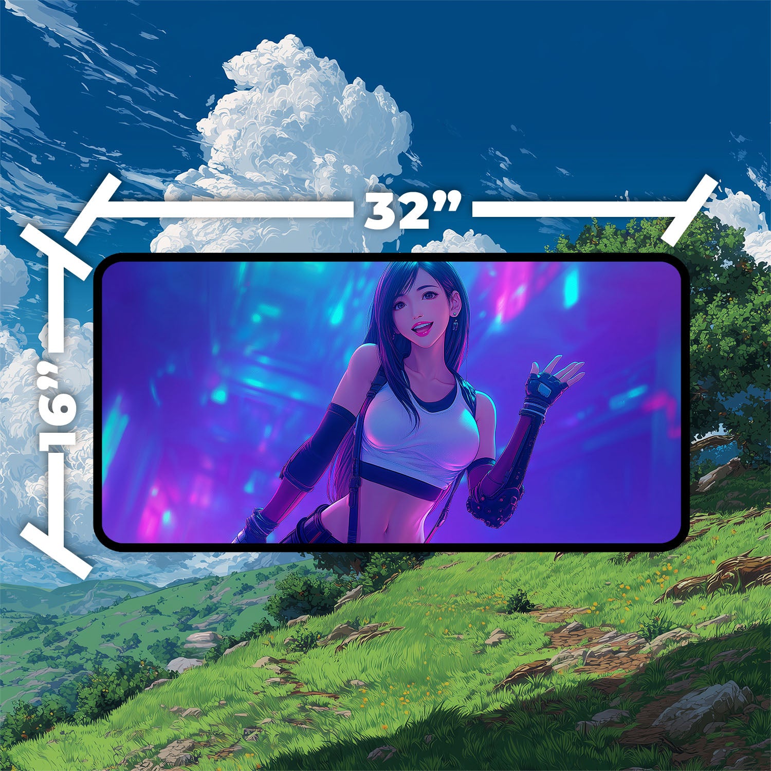 Tifa Lockhart Playmat | Final Fantasy Playmat | Iconic Fantasy Heroine Playmat with Zones Option | 24x14 | 22x12 | 32x16 Sizes