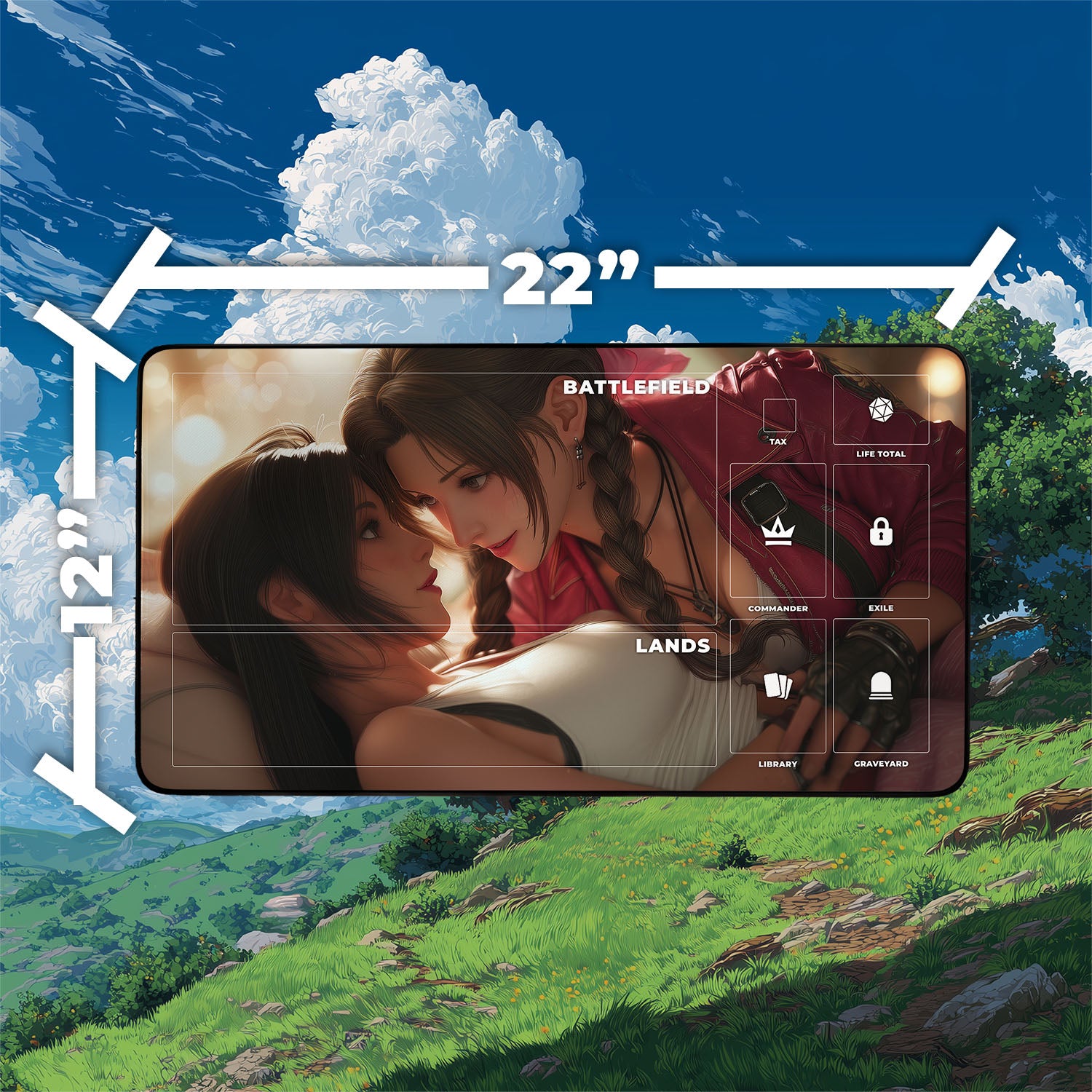 Tifa & Aerith Pride Playmat | Final Fantasy Playmat | Homage to Iconic Banned Romance Playmat with Zones Option | 24x14 | 22x12 | 32x16 Sizes
