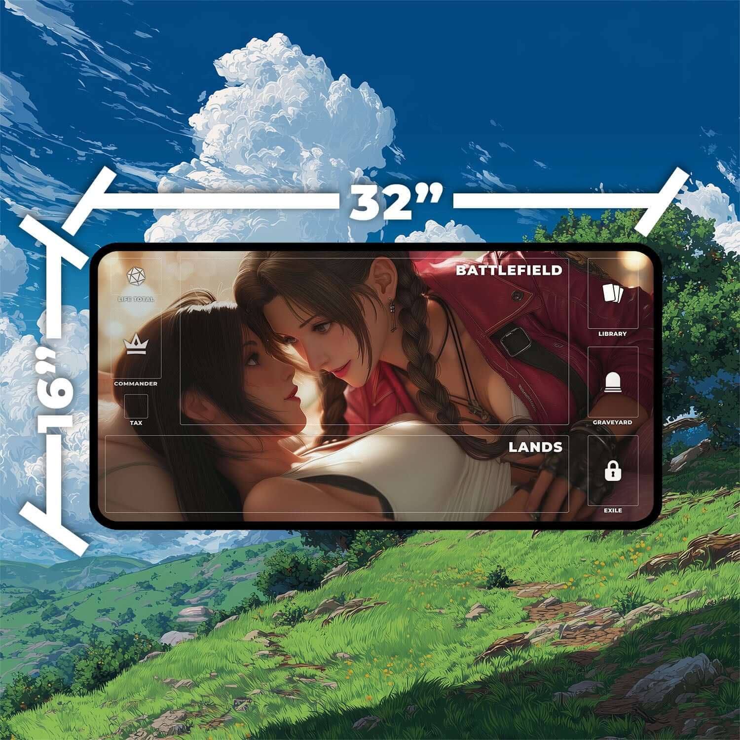 Tifa & Aerith Pride Playmat | Final Fantasy Playmat | Homage to Iconic Banned Romance Playmat with Zones Option | 24x14 | 22x12 | 32x16 Sizes
