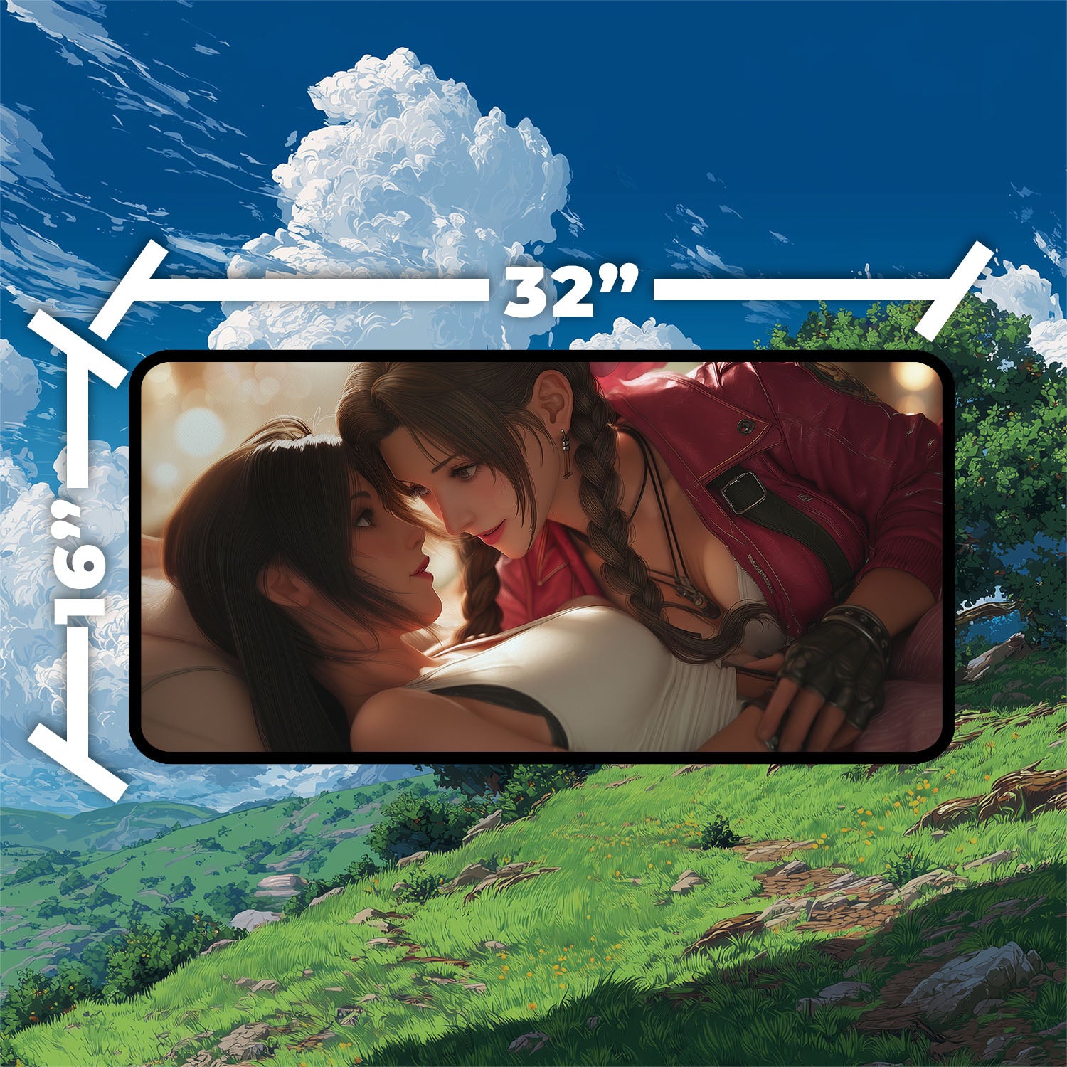 Tifa & Aerith Pride Playmat | Final Fantasy Playmat | Homage to Iconic Banned Romance Playmat with Zones Option | 24x14 | 22x12 | 32x16 Sizes