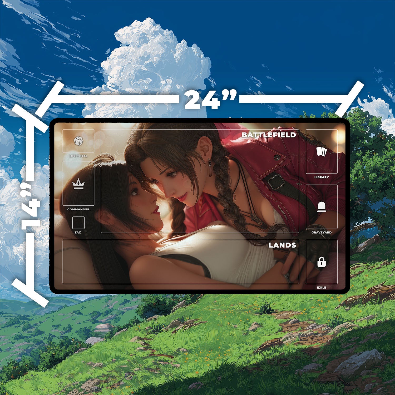 Tifa & Aerith Pride Playmat | Final Fantasy Playmat | Homage to Iconic Banned Romance Playmat with Zones Option | 24x14 | 22x12 | 32x16 Sizes