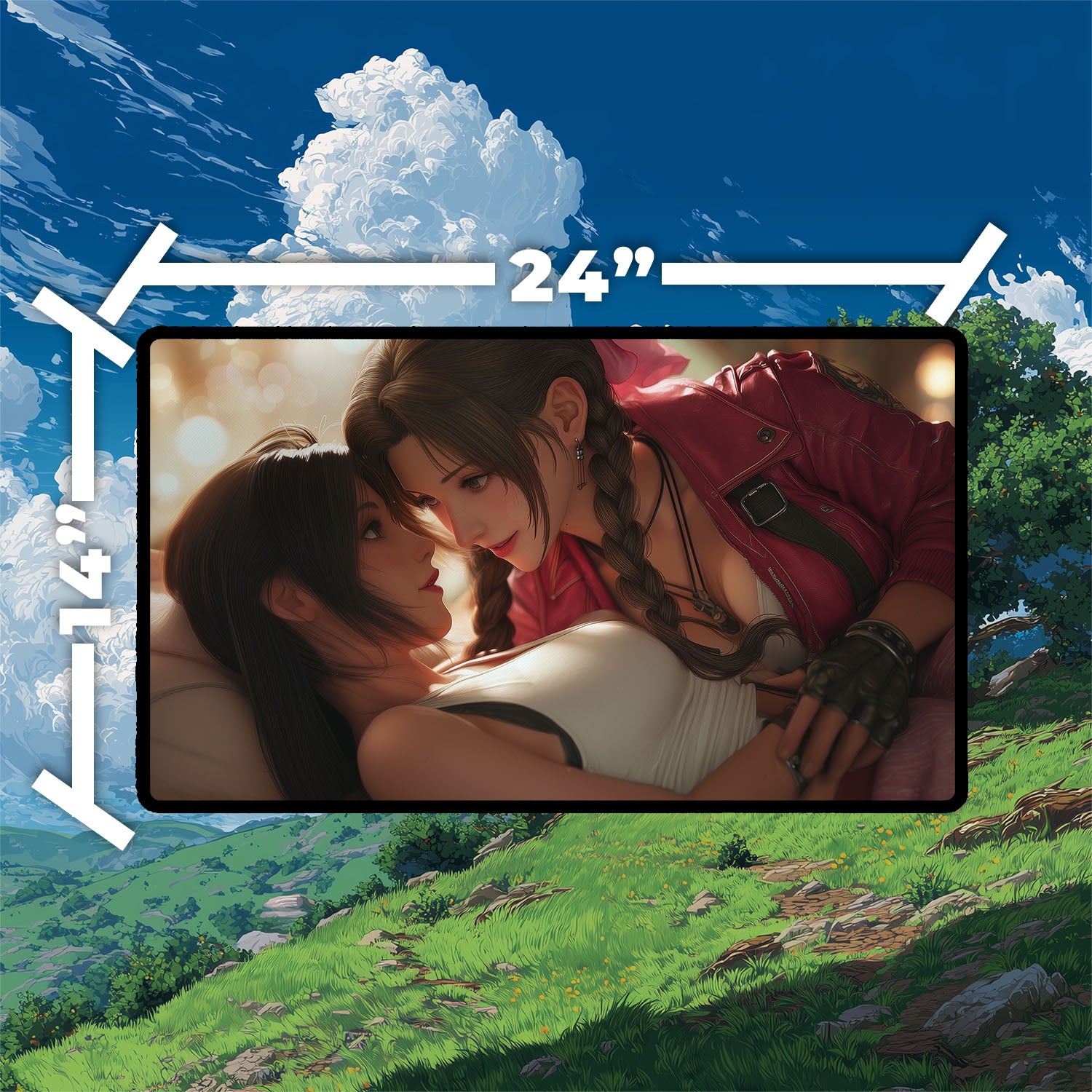 Tifa & Aerith Pride Playmat | Final Fantasy Playmat | Homage to Iconic Banned Romance Playmat with Zones Option | 24x14 | 22x12 | 32x16 Sizes