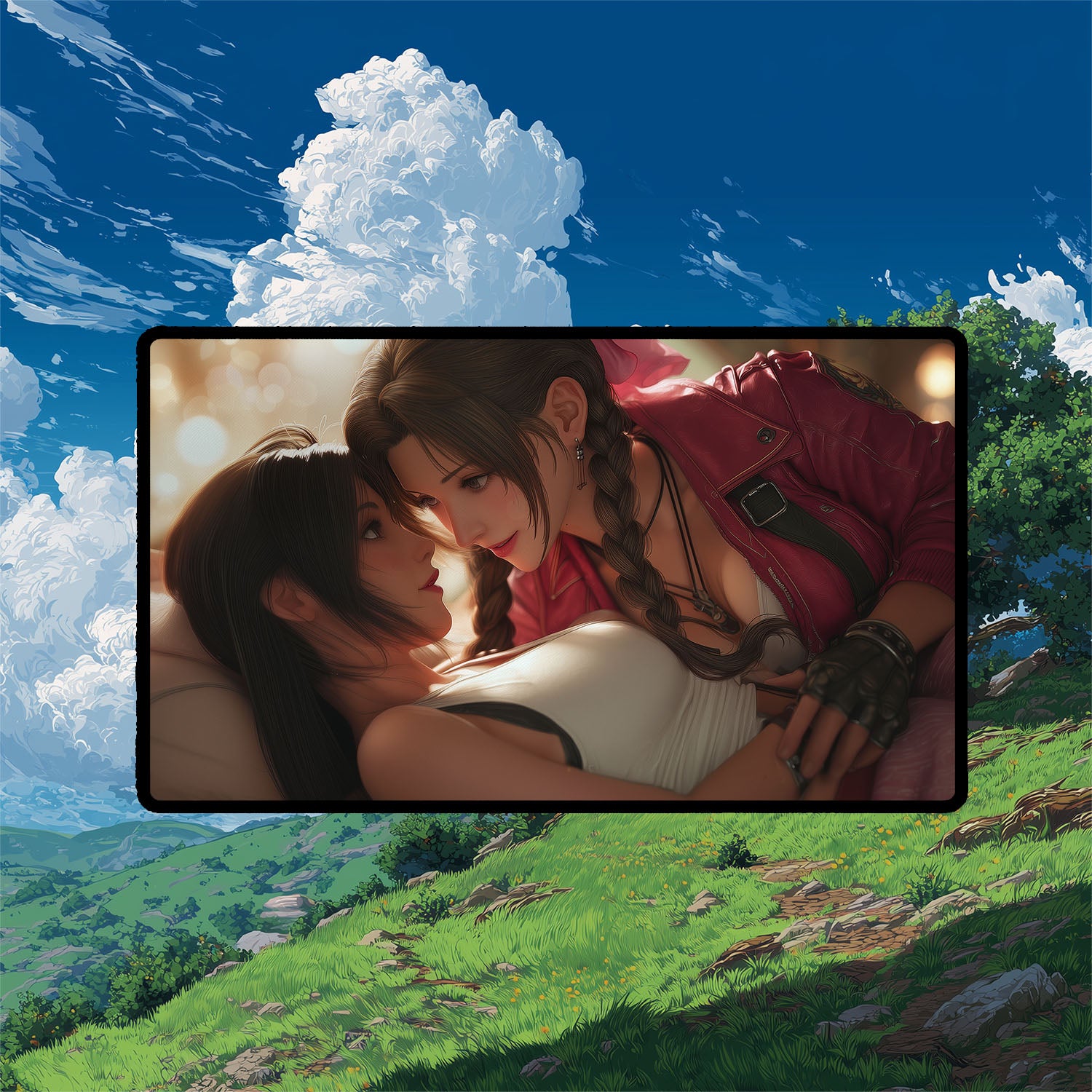 Tifa & Aerith Pride Playmat | Final Fantasy Playmat | Homage to Iconic Banned Romance Playmat with Zones Option | 24x14 | 22x12 | 32x16 Sizes