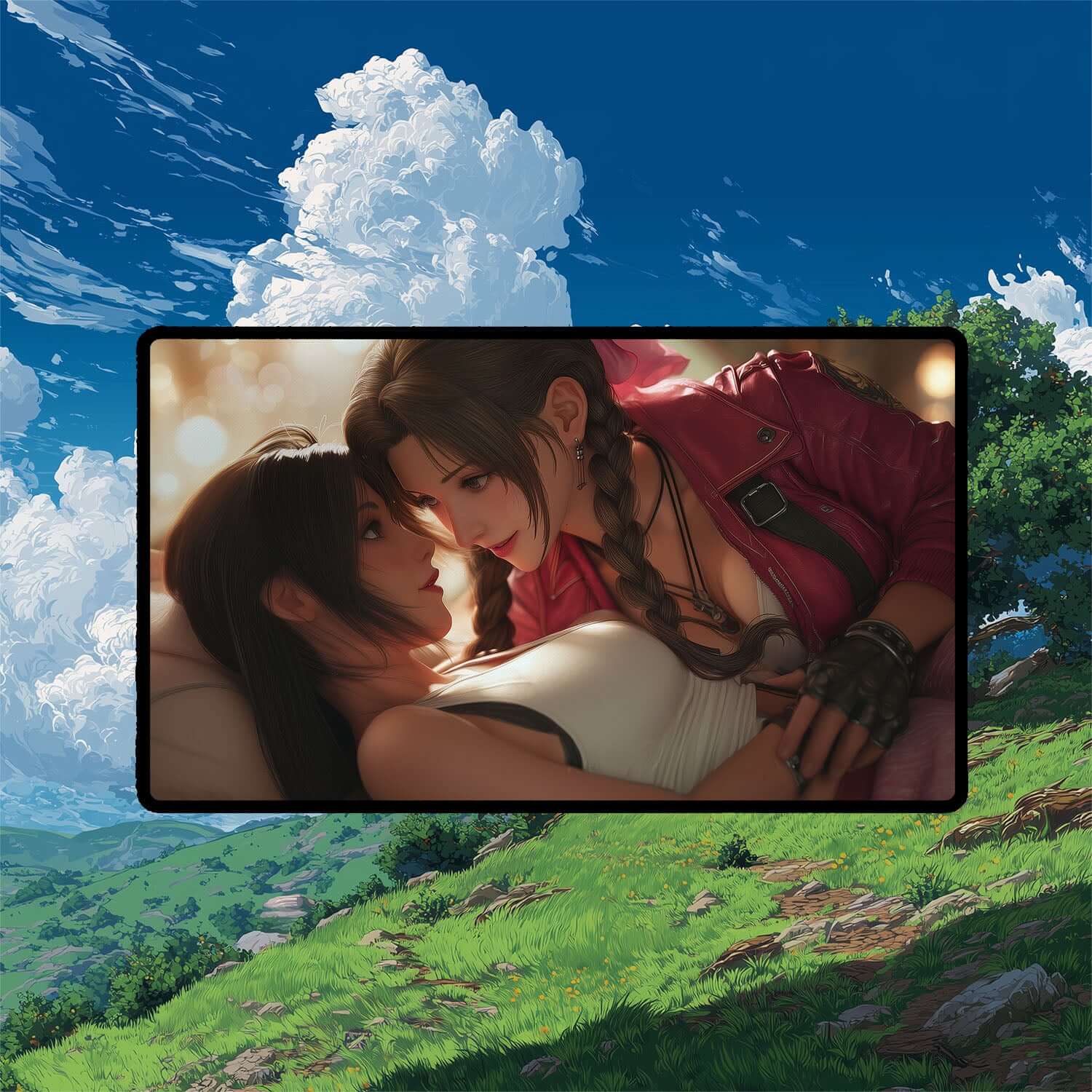 Tifa & Aerith Pride Playmat | Final Fantasy Playmat | Homage to Iconic Banned Romance Playmat with Zones Option | 24x14 | 22x12 | 32x16 Sizes