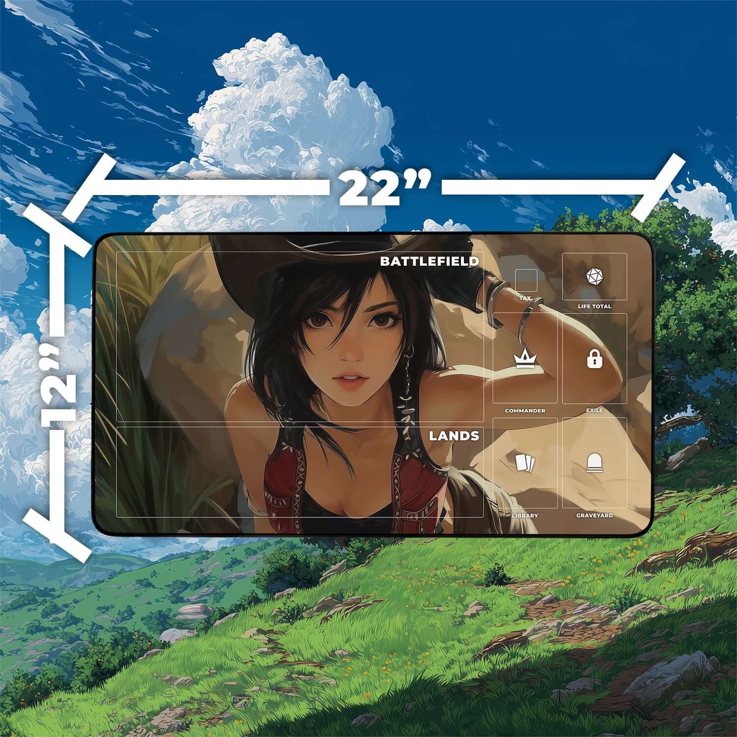 Tifa Lockhart Cowboy Playmat | Final Fantasy Playmat | Iconic Fantasy Heroine Playmat with Zones Option | 24x14 | 22x12 | 32x16 Sizes