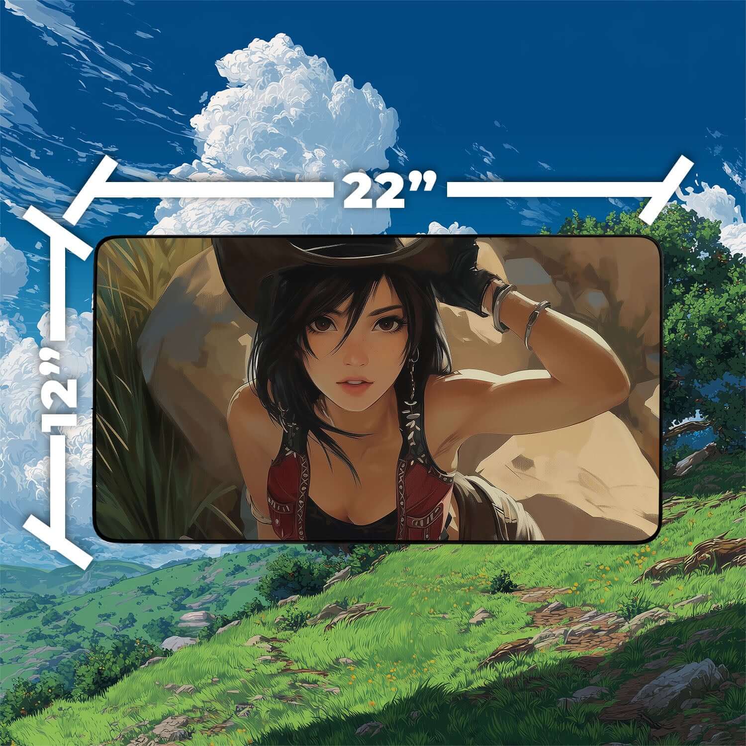 Tifa Lockhart Cowboy Playmat | Final Fantasy Playmat | Iconic Fantasy Heroine Playmat with Zones Option | 24x14 | 22x12 | 32x16 Sizes